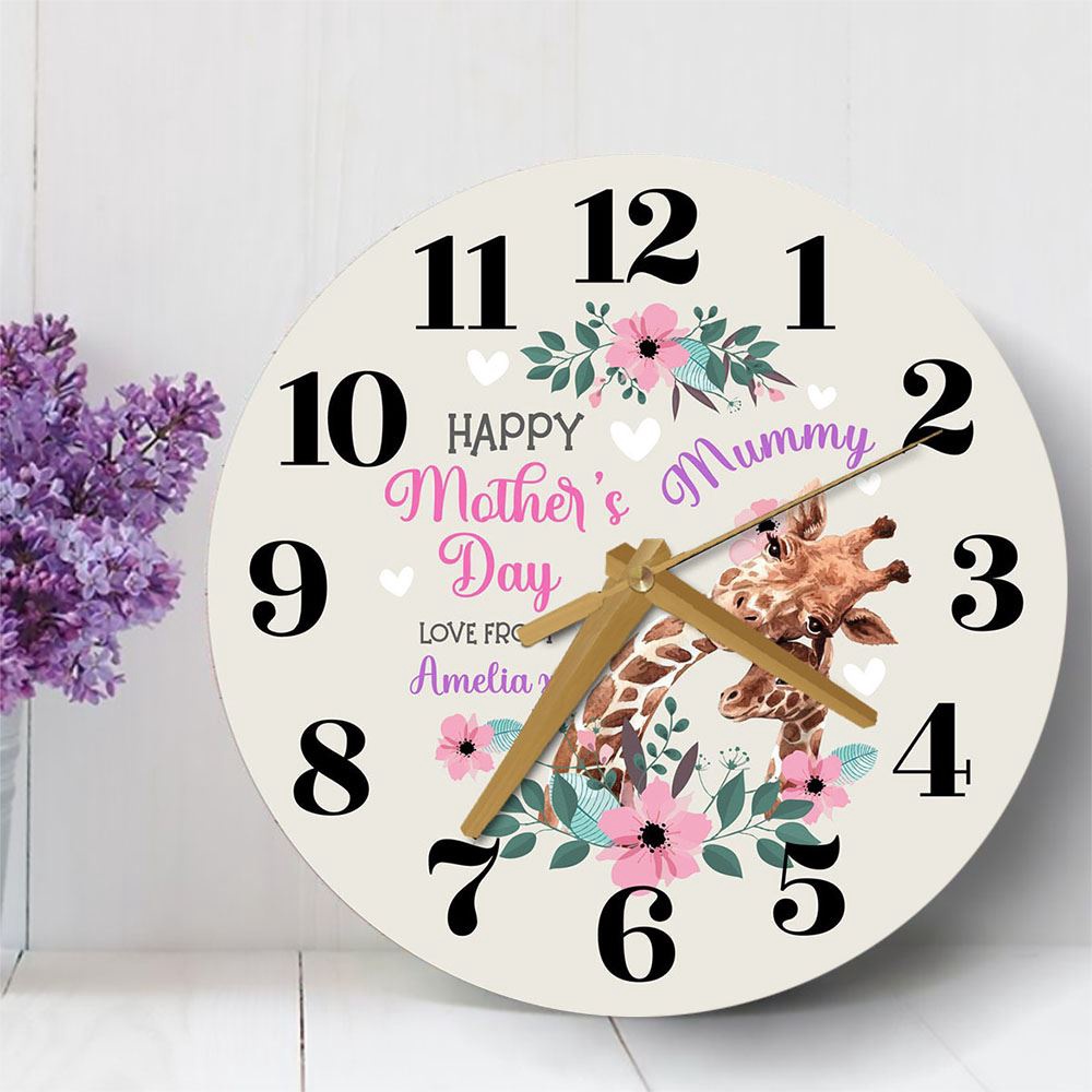 Mummy Mother’s Day Gift Giraffe Neutral Personalised Wooden Clock, Mother’s Day Clock, Mother’s Day Gifts