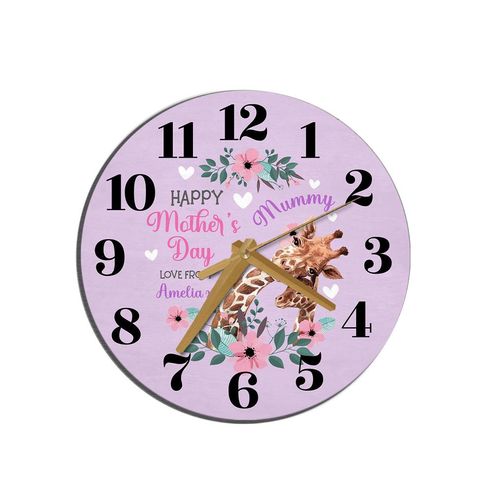 Mummy Mother’s Day Gift Giraffe Purple Personalised Wooden Clock, Mother’s Day Clock, Mother’s Day Gifts
