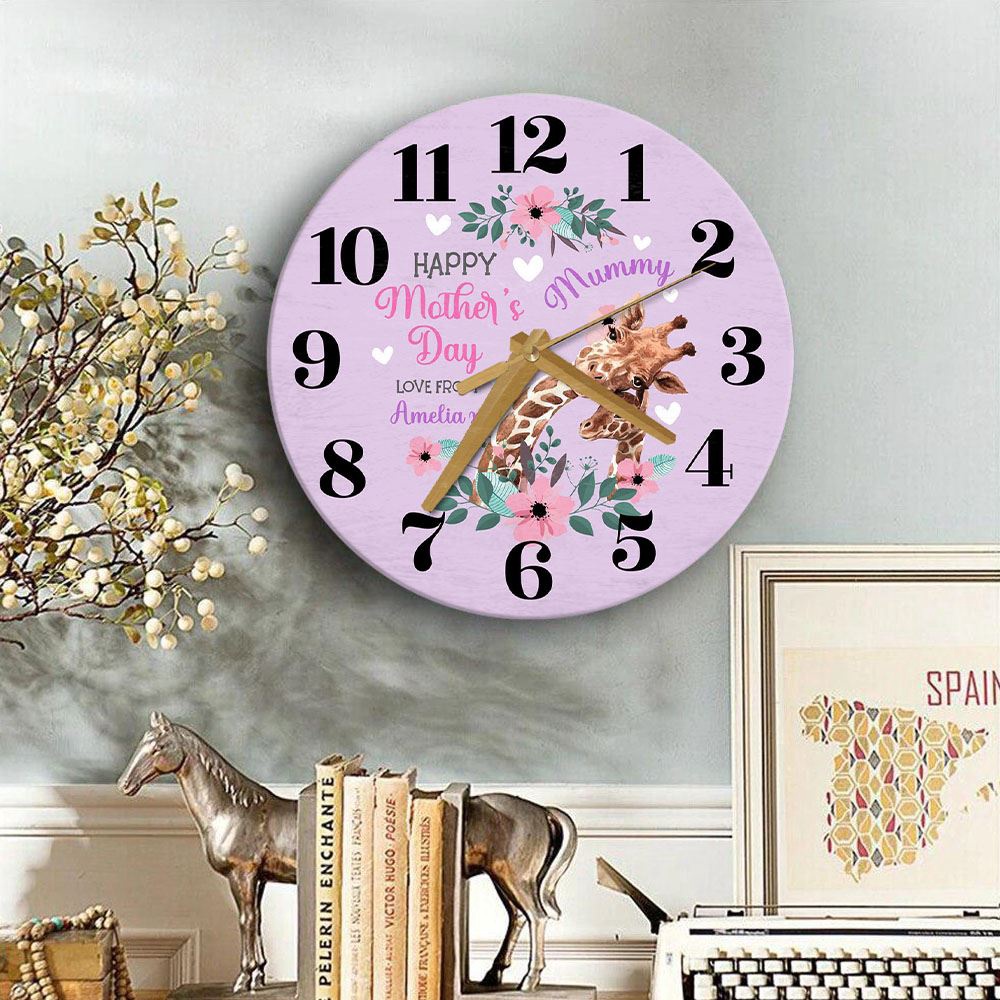Mummy Mother’s Day Gift Giraffe Purple Personalised Wooden Clock, Mother’s Day Clock, Mother’s Day Gifts