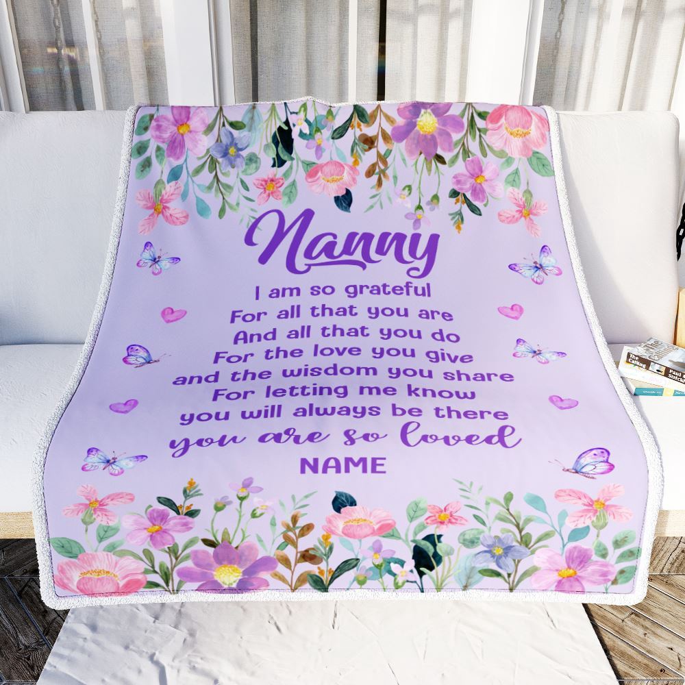 Nanny Blanket From Kids Floral Butterfly Love You Give, Personalized Blanket For Mom, Mother’s Day Gifts Blanket