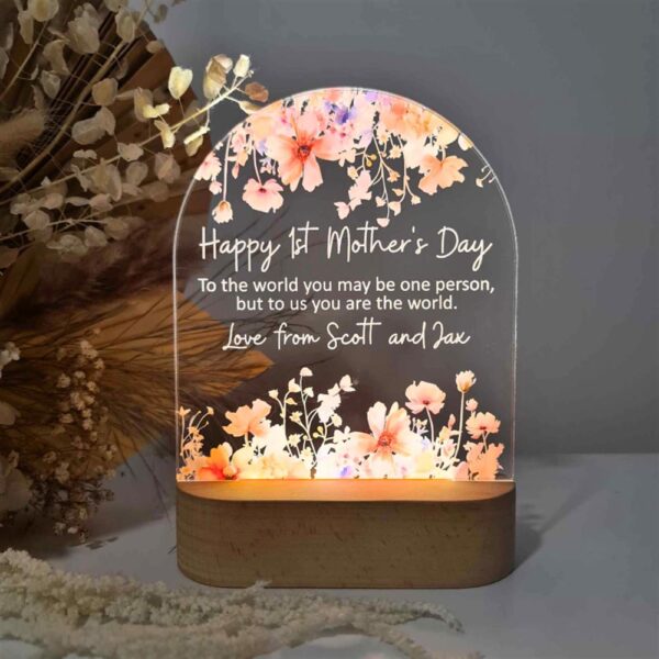 Personalised Handcrafted Floral LED Lamp for Mother’s Day, 1st Mother’s Day World 3D Led Light Wooden Base, Custom Mothers Day Gifts