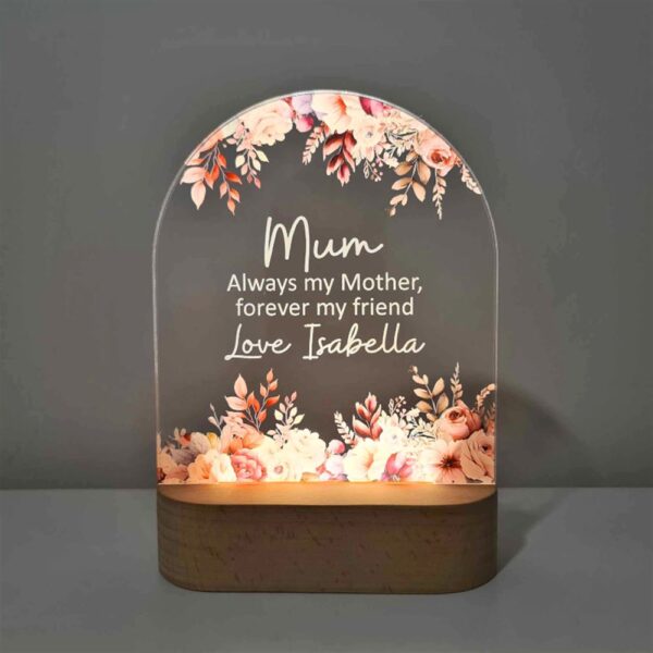 Personalised Handcrafted Floral LED Lamp for Mother’s Day, Mum Forever My Friend 3D Led Light Wooden Base, Custom Mothers Day Gifts