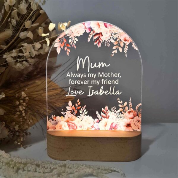 Personalised Handcrafted Floral LED Lamp for Mother’s Day, Mum Forever My Friend 3D Led Light Wooden Base, Custom Mothers Day Gifts