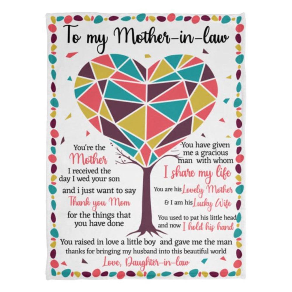 To My Mother-In-Law Blanket Colorful Triangle Puzzle Heart Tree Blanket, Blankets For Mothers Day