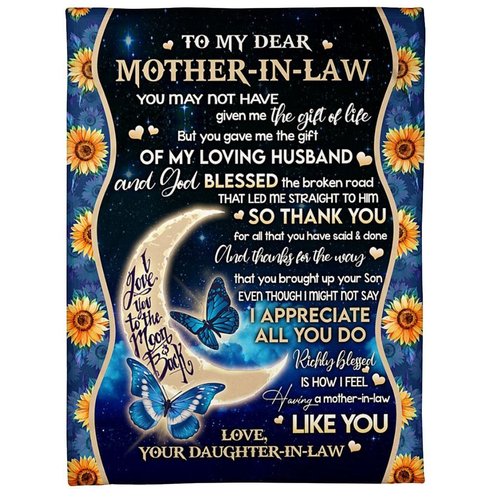 To My Mother-In-Law Blanket Sunflower Blue Butterflies & Moon Blanket, Blankets For Mothers Day