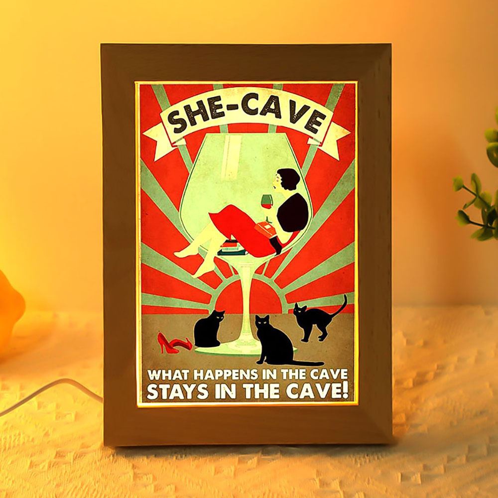 Wine Cat What Happens In The Cave Stays In The Cave Frame Lamp, Picture Frame Light, Frame Lamp, Mother’s Day Gifts
