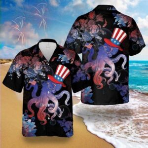 4Th Of July Hawaiian Shirt Octopus Celebrates 4Th Of July Flower Black Hawaii Shirt, 4th Of July Hawaiian Shirt, 4th Of July Shirt