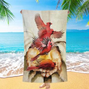 A Cardinal On His Hand Jesus Beach Towel, Christian Beach Towel, Summer Towels