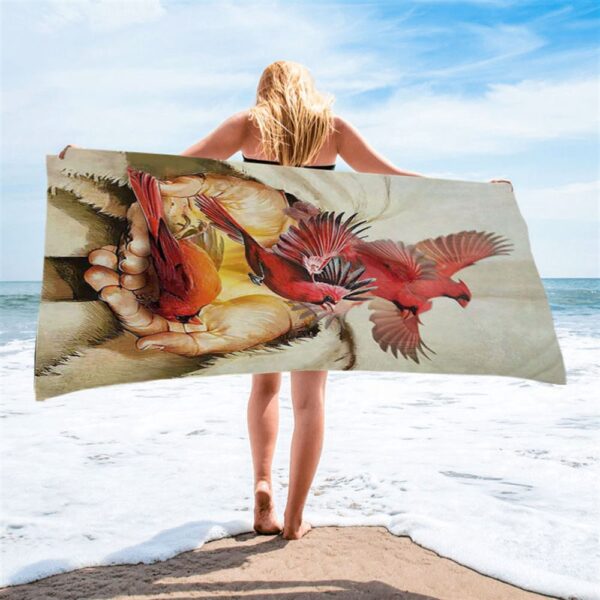 A Cardinal On His Hand Jesus Beach Towel, Christian Beach Towel, Summer Towels