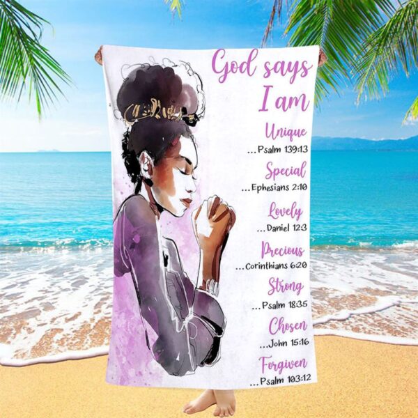 African American Women God Says I Am Beach Towel, Motivational Beach Towel For Black Girls Teens, Christian Beach Towel