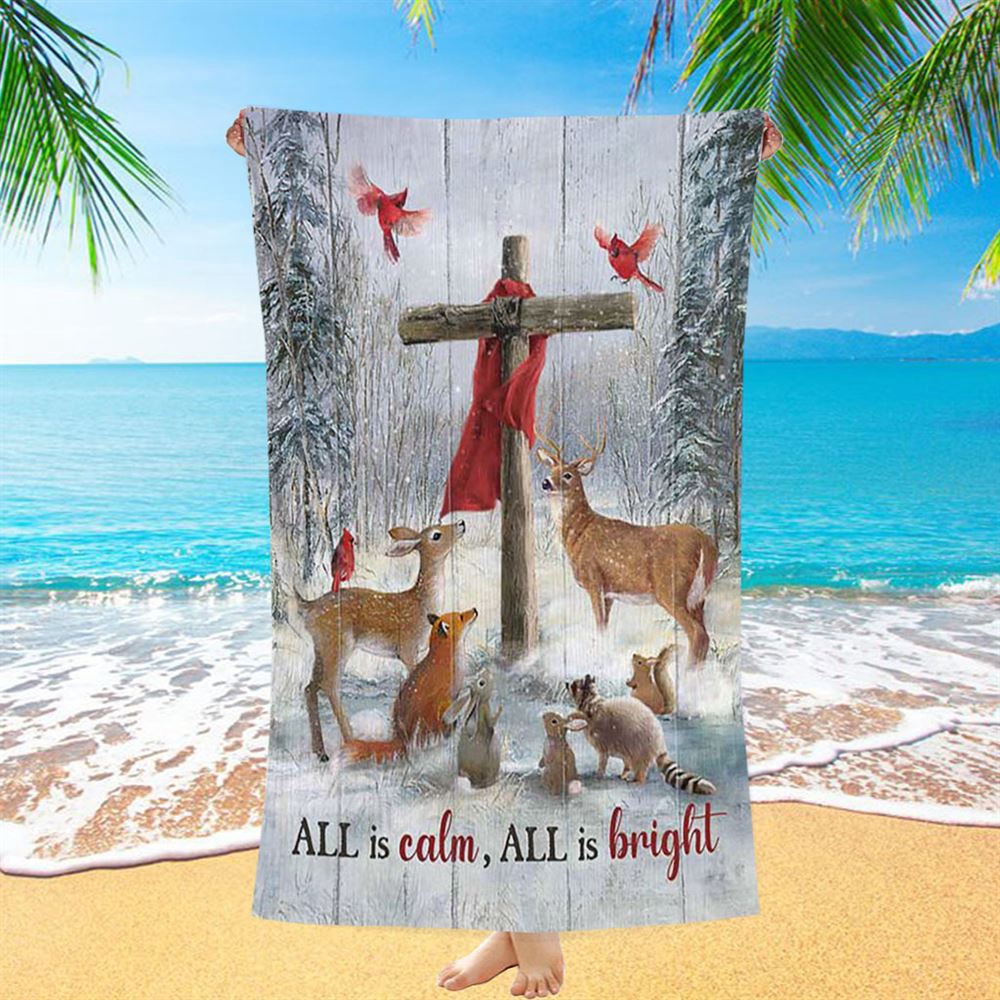 All Is Calm All Is Bright Animal Wooden Cross Beach Towel, Christian Beach Towel, Summer Towels