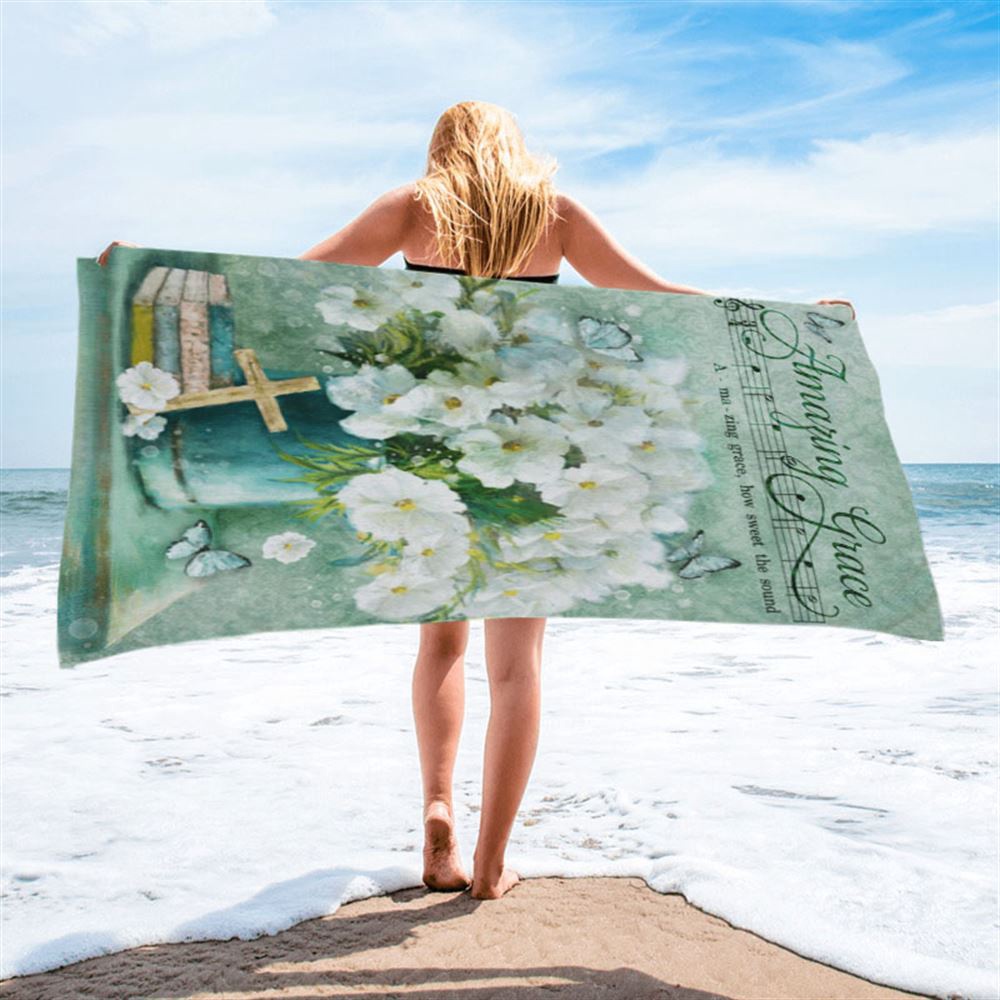 Amazing Grace Flower Cross Book Butterfly Beach Towel, Christian Beach Towel, Summer Towels