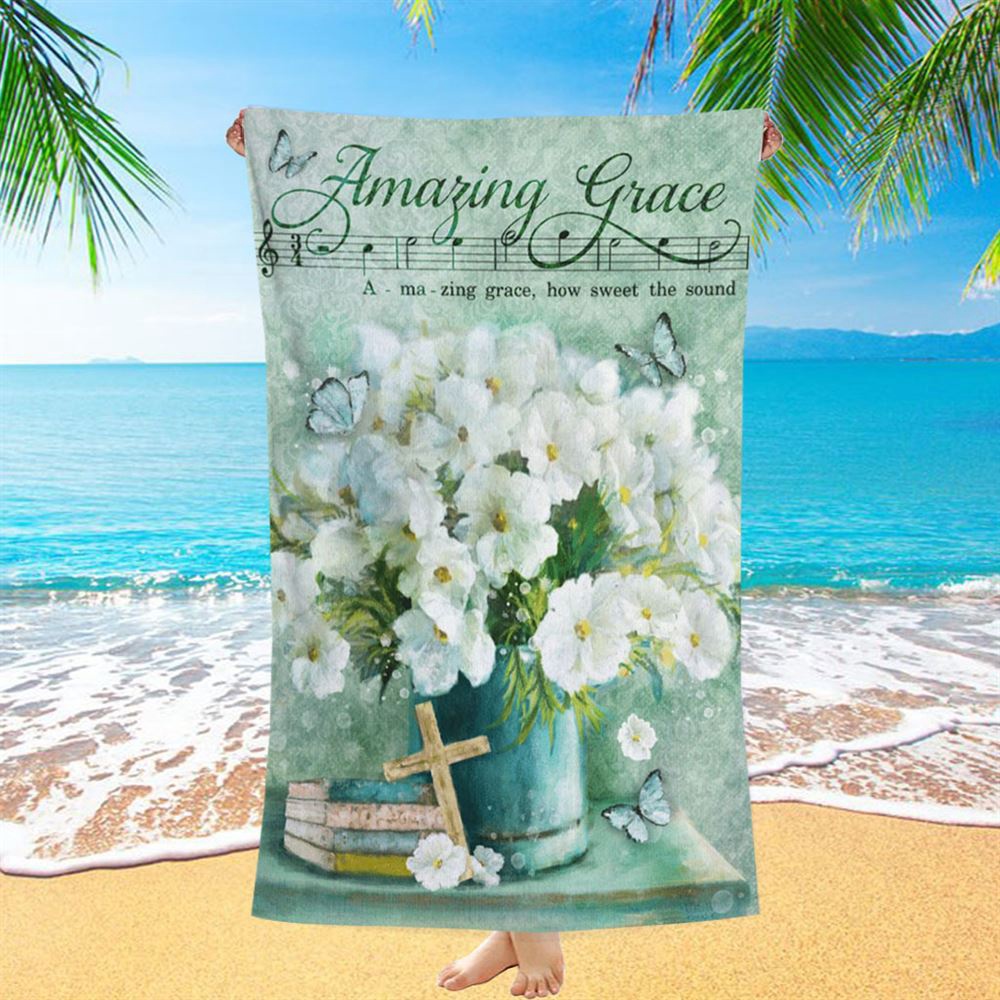Amazing Grace Flower Cross Book Butterfly Beach Towel, Christian Beach Towel, Summer Towels