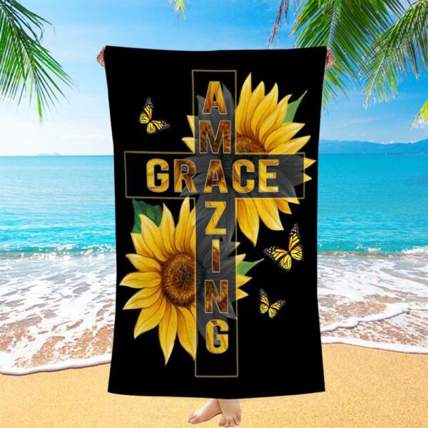 Amazing Grace Sunflower Beach Towel, Christian Beach Towel, Summer Towels