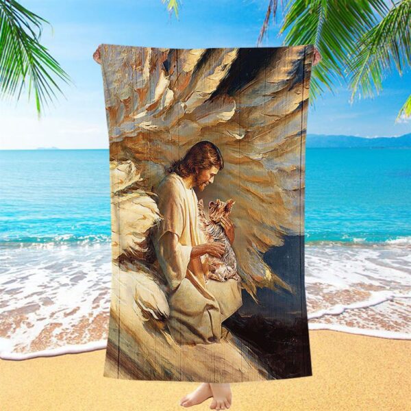 Angel Wings Little Yorkshire Terrier Jesus Painting Beach Towel, Christian Beach Towel, Summer Towels