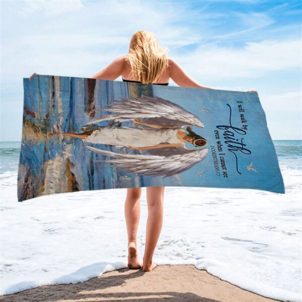 Angel Wings Ocean I Will Walk By Faith Beach Towel, Christian Beach Towel, Summer Towels