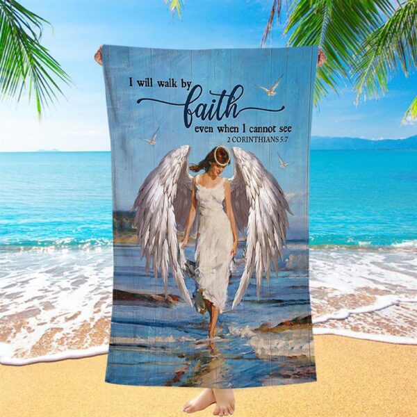 Angel Wings Ocean I Will Walk By Faith Beach Towel, Christian Beach Towel, Summer Towels