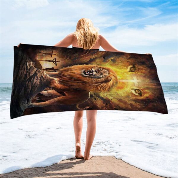 Angry Lion Of Judah Jesus On The Cross Beach Towel, Christian Beach Towel, Summer Towels