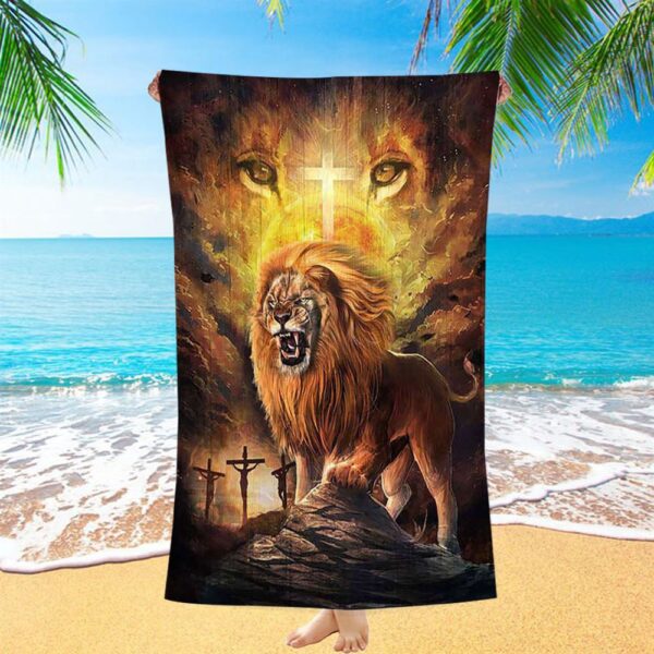 Angry Lion Of Judah Jesus On The Cross Beach Towel, Christian Beach Towel, Summer Towels