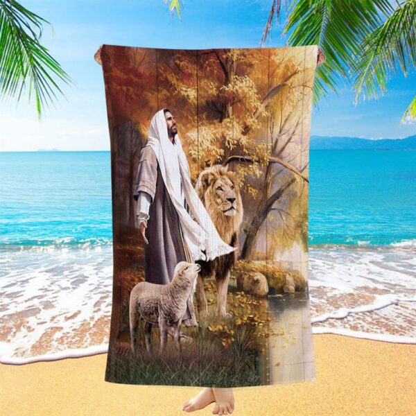 Animal Of God Stunning Lion White Lamb Autumn Forest Beach Towel, Christian Beach Towel, Summer Towels