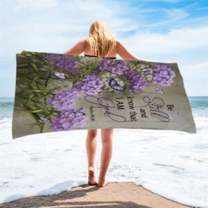 Be Still And Know That I Am God Purple Hydrangea Butterfly Beach Towel Christian Beach Towel Summer Towels 2 vweave.jpg