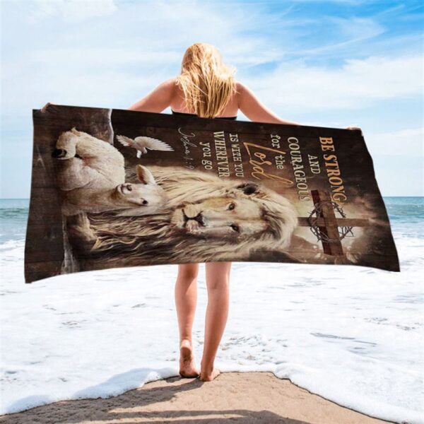 Be Strong And Courageous Lion White Lamb Beach Towel, Christian Beach Towel, Summer Towels