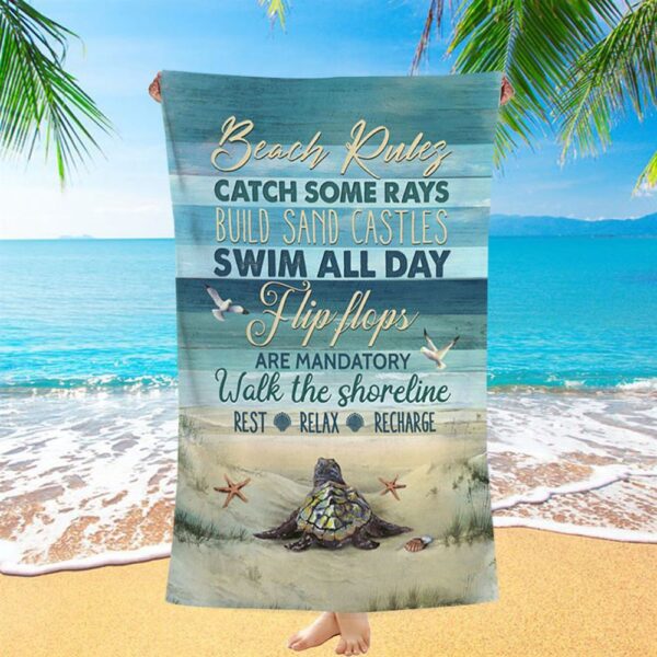 Beach Rules Baby Sea Turtle Sea Life Seagulls Beach Towel, Christian Beach Towel, Summer Towels