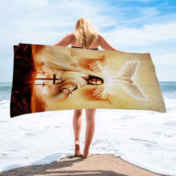 Beautiful Dove Pray For Healing Jesus’s Hand Cross Symbol Beach Towel, Christian Beach Towel, Summer Towels