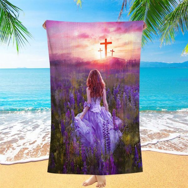 Beautiful Girl In The Lavender Field Cross Beach Towel, Christian Beach Towel, Summer Towels