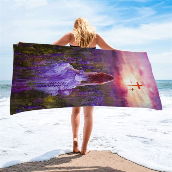 Beautiful Girl In The Lavender Field Cross Beach Towel, Christian Beach Towel, Summer Towels