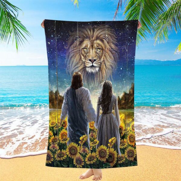 Beautiful Girl Lion Walking With Jesus Sunflower Field Beach Towel, Christian Beach Towel, Summer Towels