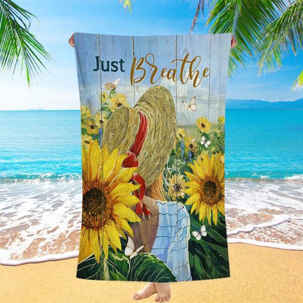 Beautiful Girl Sunflower Just Breathe Beach Towel, Christian Beach Towel, Summer Towels