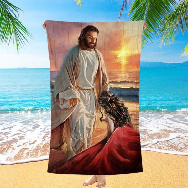 Beautiful Sunset Kneeling Before God Beach Towel, Christian Beach Towel, Summer Towels