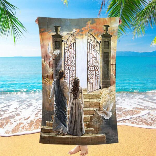 Beautiful Woman And Jesus Flying Dove Heaven Door Beach Towel, Christian Beach Towel, Summer Towels