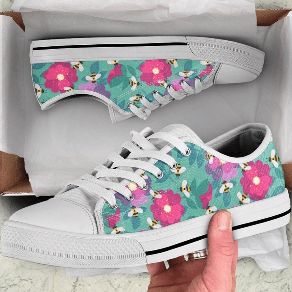 Bees Fly On Flower Pattern Low Top Shoes Sneaker, Low Tops, Low Top Sneakers