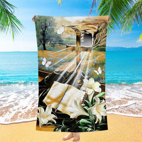 Bible Book Lily Flowers Golden Cross White Butterfly Beach Towel, Christian Beach Towel, Summer Towels