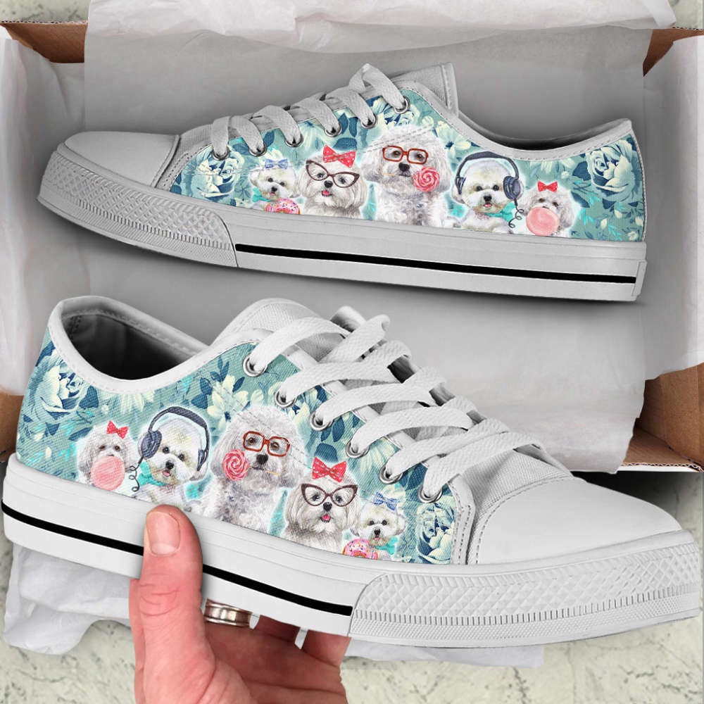 Bichon Dog Flowers Pattern Turquoise Low Top Shoes Canvas Sneakers, Designer Low Top Shoes, Low Top Sneakers Bichon Dog Flowers Pattern Turquoise Low Top Shoes Canvas Sneakers, Designer Low Top Shoes, Low Top Sneakers