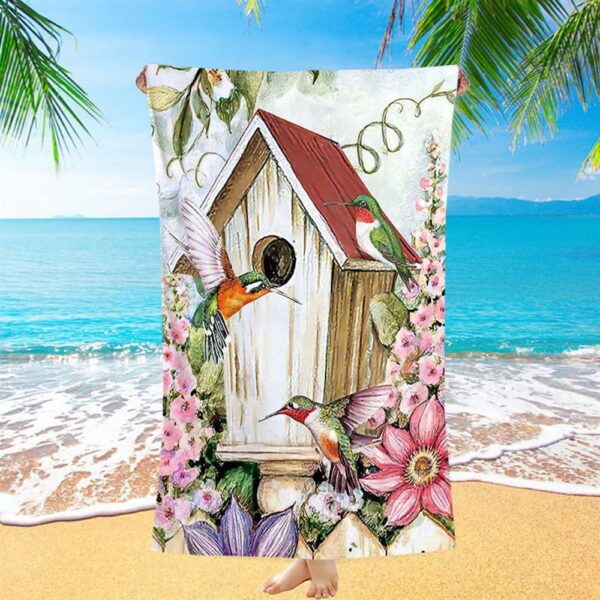 Birdhouse Hummingbird Pink Flower Garden Beach Towel, Christian Beach Towel, Summer Towels