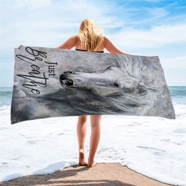 Black And White Horse Just Breathe Beach Towel, Christian Beach Towel, Summer Towels