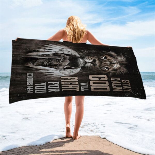 Black Lion Warrior God Will Fight For You Beach Towel, Christian Beach Towel, Summer Towels