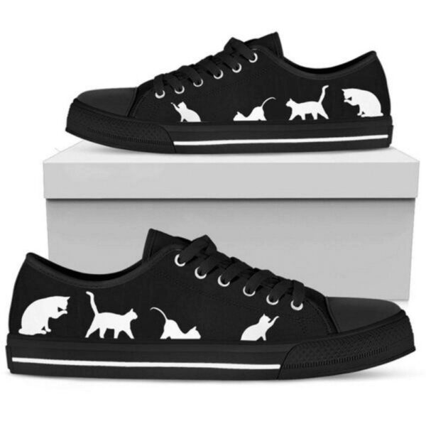 Black White Cats Laces Fashion Womens Canvas Low Top Shoes, Low Top Sneakers, Low Top Designer Shoes
