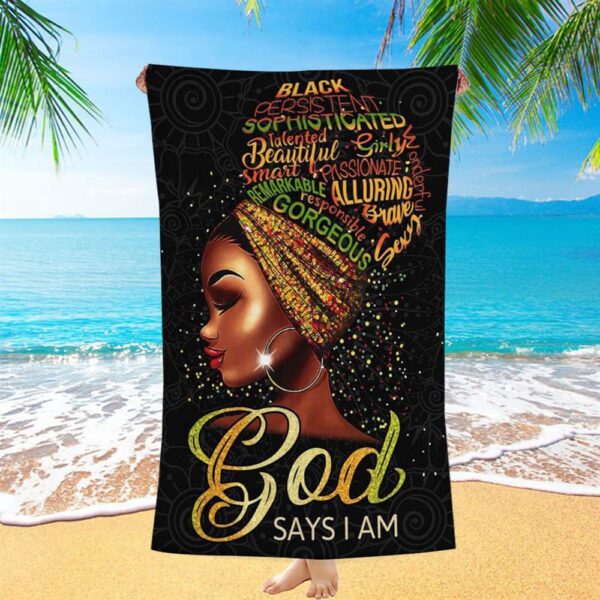 Black Woman God Says I Am Beach Towel, Christian Beach Towel, Summer Towels