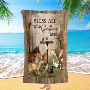 Bless All Who Gather Here Animals Wooden Cross Forest View Red Cardinal Beach Towel Christian Beach Towel 1 bubpsq.jpg