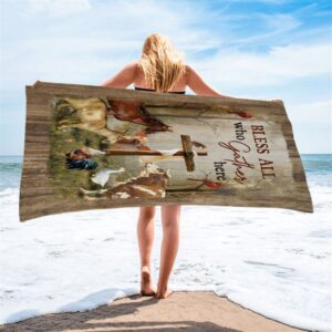 Bless All Who Gather Here Animals Wooden Cross Forest View Red Cardinal Beach Towel Christian Beach Towel 2 o2r4ft.jpg