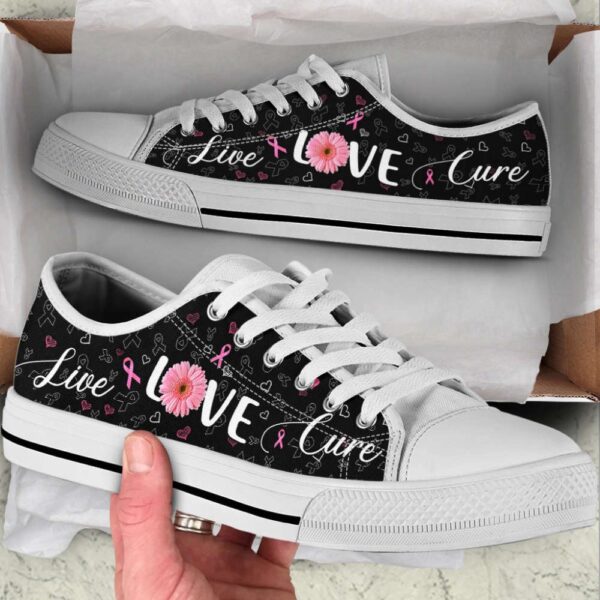 Breast Cancer Shoes Live Love Cure Ribbon Heart Low Top Shoes Canvas Shoes, Low Top Designer Shoes, Low Top Sneakers