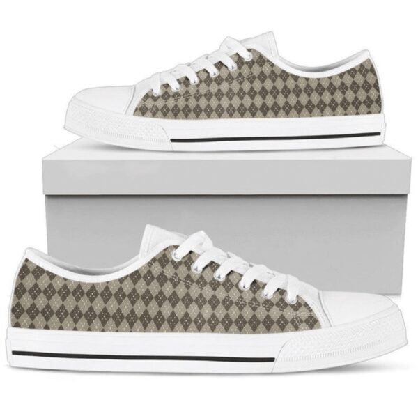 Brown Tan Beige Argyle Checkered Plaid Low Top Shoes, Low Top Designer Shoes, Low Top Sneakers