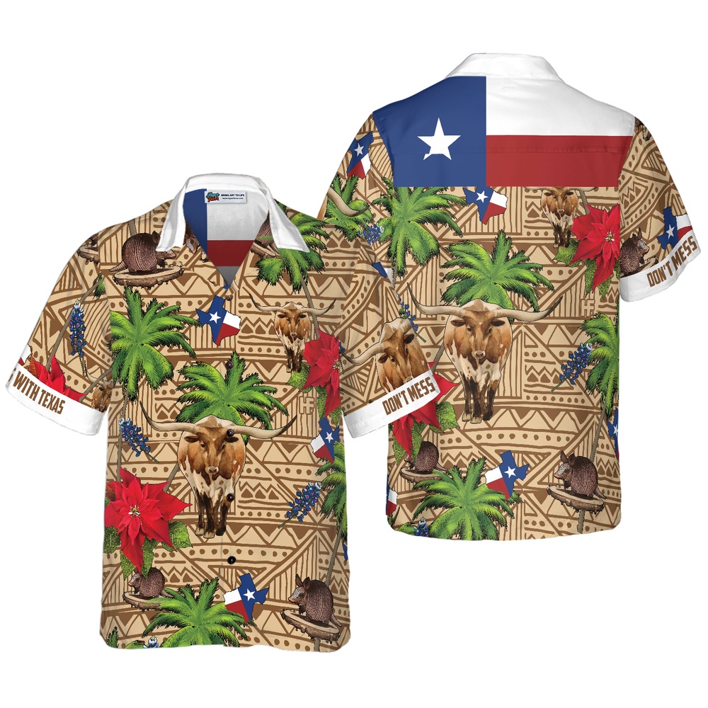 Brown Tribal Pattern Texas Hawaiian Shirts, Texas Hawaii Shirt, Texas Shirt