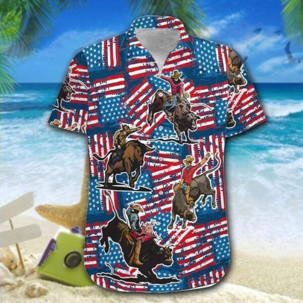 Bull Riding American Flag Hawaiian Fourth Of July Shirt, 4th Of July Hawaiian Shirt, 4th Of July Shirt