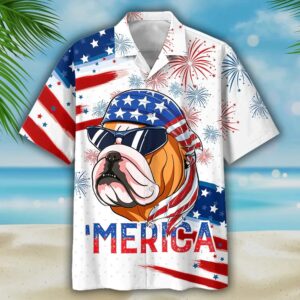 Bulldog Merica Independence Day Usa Flag Hawaiian…