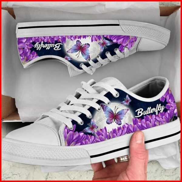 Butterfly And Purple Flower Canvas Low Top Shoes, Low Tops, Low Top Sneakers